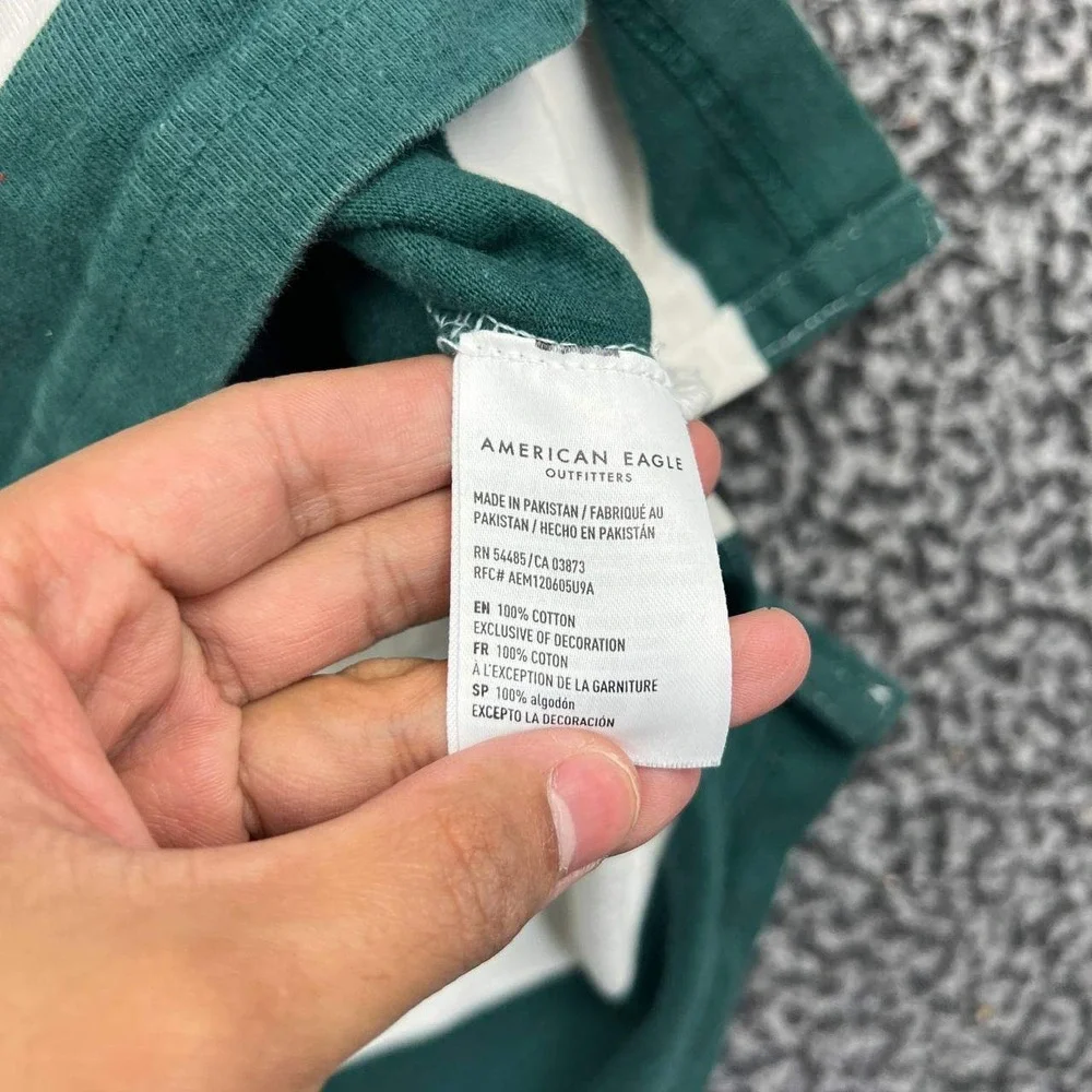 American Eagle Rugby Polo Shirt Men Medium Green Striped Long Sleeve Cotton M